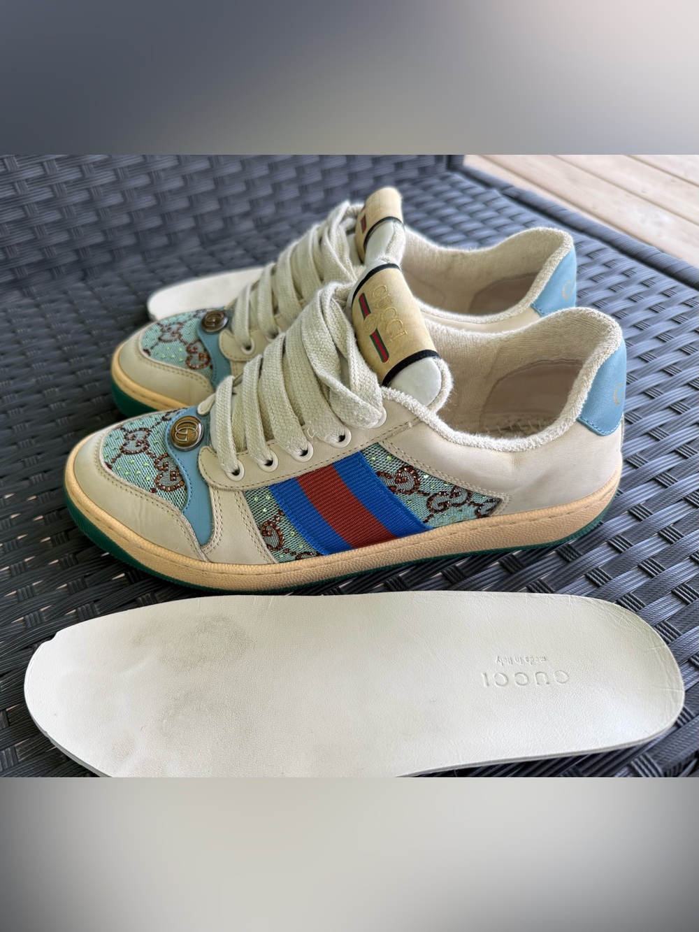Gucci Screener Cream Leather & Blue/Red Stripe GG Canvas Sneakers sz 5 1/2.